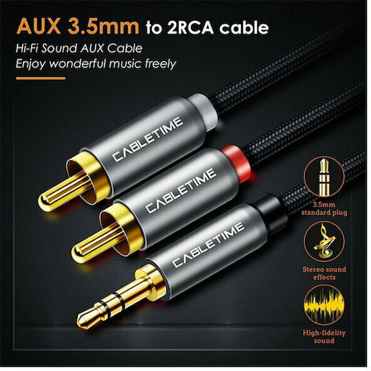 Cabletime 3,5mm Klinkenkabel - RCA-Stecker Schwarz 3m mit Vergoldeten Anschlüssen