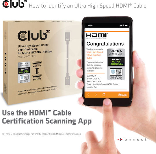 Club3D HDMI 2.1 Ultra High Speed 48Gbps 4K 120Hz HDR VRR Cable HDMI Male - HDMI Male 2m Black