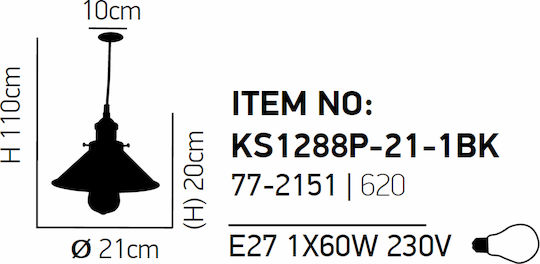 Home Lighting Dakar Pendant Light Black with Socket E27 21x21x110cm