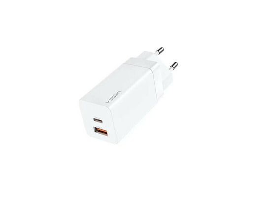 Veger Φορτιστής Χωρίς Καλώδιο GaN με Θύρα USB-A και Θύρα USB-C 65W Power Delivery / Quick Charge 3.0 / SuperCharge Λευκός (VGCPD65E)