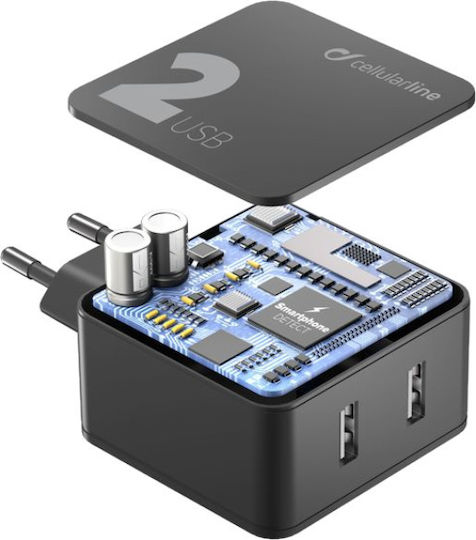 Cellular Line Φορτιστής Χωρίς Καλώδιο με 2 Θύρες USB-A 24W Μαύρος (ACHUSB224WK)