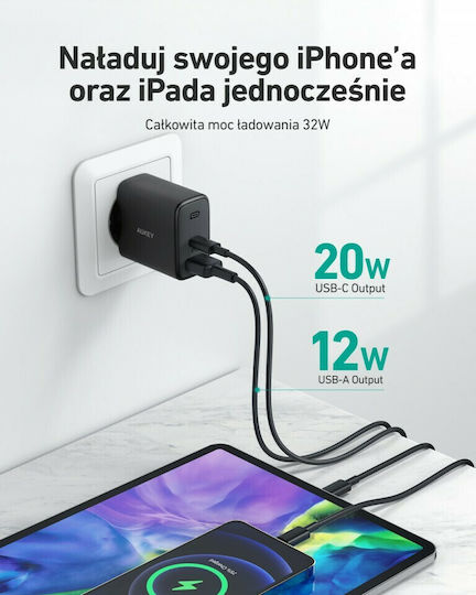 Aukey Φορτιστής Χωρίς Καλώδιο με Θύρα USB-A και Θύρα USB-C 32W Power Delivery Μαύρος (PA-F3S)