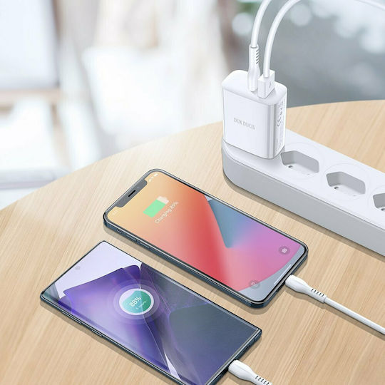 Dux Ducis Зарядно без кабел с USB-A порт и USB-C порт 20W Бял (C70)