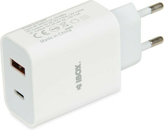 iBox Φορτιστής με Θύρα USB-A και Θύρα USB-C και Καλώδιο USB-C 20W Power Delivery / Quick Charge 3.0 Λευκός (ILUC36W)