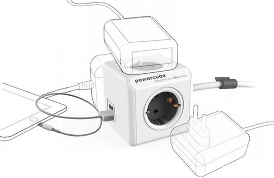Allocacoc Extended PowerCube 4 Prize cu 2 USB-A și Cablu 3m Gri