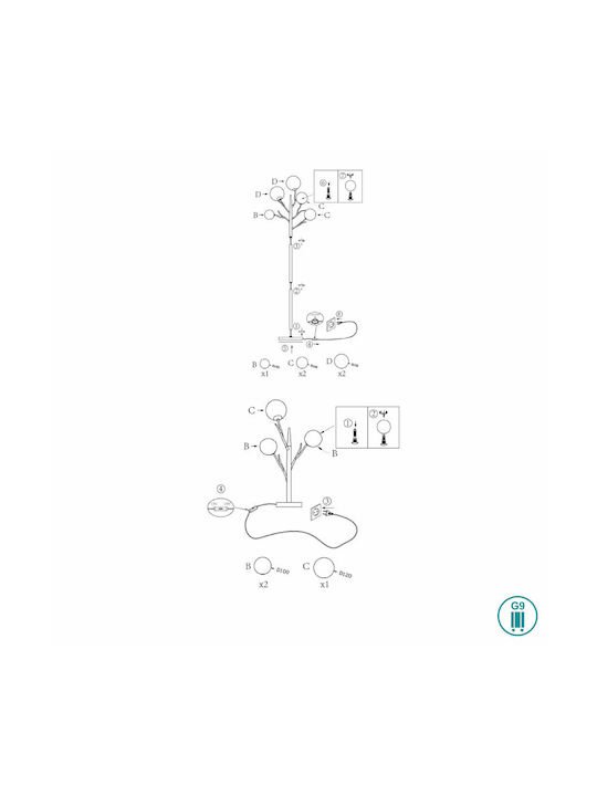 Wofi Floor Lamp H177xW54cm. with Socket for Bulb G9 Silver