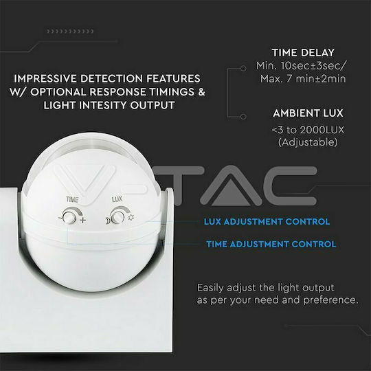 V-TAC VT-8048 С Кабел Инфрачервен Датчик За Движение 180° Обхват 12m