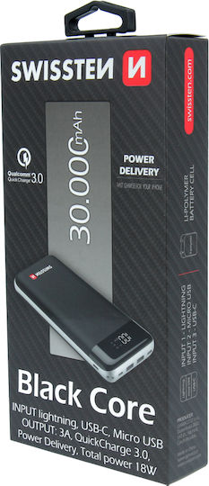 Swissten Black Core Power Bank 30000mAh 18W με Θύρα USB-A και Θύρα USB-C Quick Charge Μαύρο