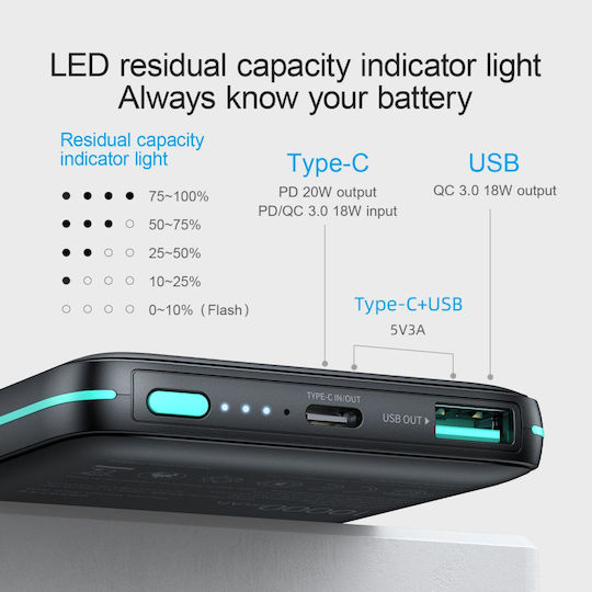 Joyroom Power Bank 10000mAh 15W with USB-A Port and USB-C Port Black
