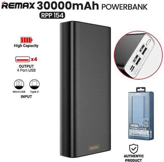 Remax RPP-154 Power Bank 30000mAh με 4 Θύρες USB-A Μαύρο