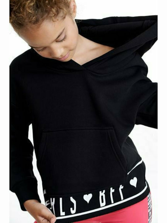 Fleece Kids Sweatshirt Cropped with Hood and Pockets Black