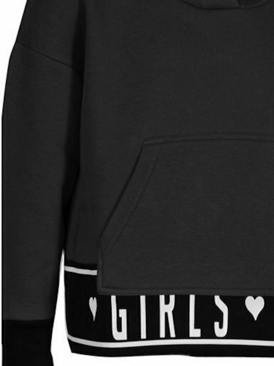 Fleece Kids Sweatshirt Cropped with Hood and Pockets Black
