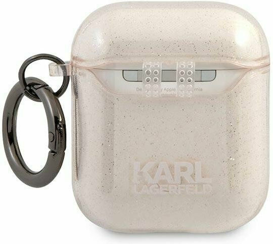 Karl Lagerfeld Karl`s Head Glitter Case Silicone with Hook in Gold color for Apple AirPods 1 / AirPods 2