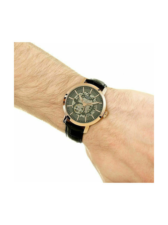 Rotary Greenwich Skeleton Ρολόι Χρονογράφος Αυτόματο με Δερμάτινο Λουράκι σε Μαύρο χρώμα