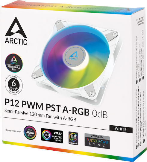 Arctic P12 PWM PST 0dB Вентилатор за кутия 120мм (2000 оборота / 48.8 куб.м/ч) с ARGB осветление и 4-изводна ШИМ свързване Бял