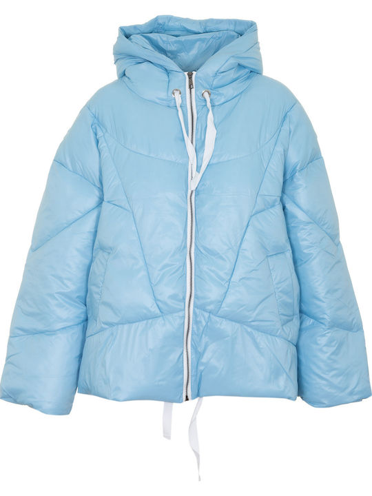 Women's Short Puffer Jacket for Winter with Hood Light Blue