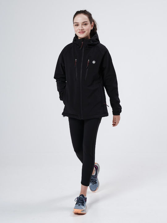 Women's Long Sports Softshell Jacket Waterproof and Windproof for Winter with Hood Black