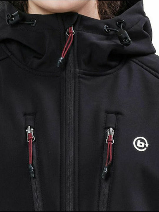 Women's Long Sports Softshell Jacket Waterproof and Windproof for Winter with Hood Black