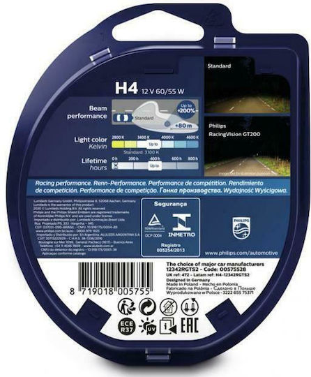 Philips Lamps Car RacingVision GT200 H4 Halogen 3600K Warm White 12V 55W 2pcs