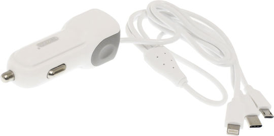 Ezra CR11 Auto-Ladegerät 2.4A mit einem Anschluss: 1xUSB mit Kabel Blitzschlag / Mikro-USB / Typ-C,TC-TC Weiß Farbe