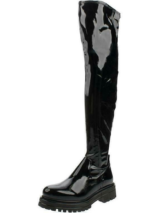 Damenstiefel Über dem Knie aus Lackleder Schwarz