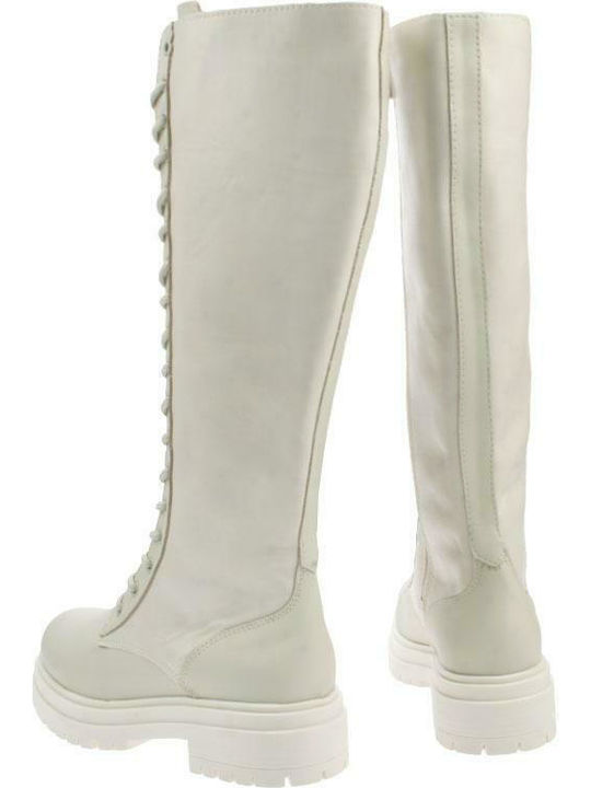 Leather Women's Boots with Zipper / Laces White