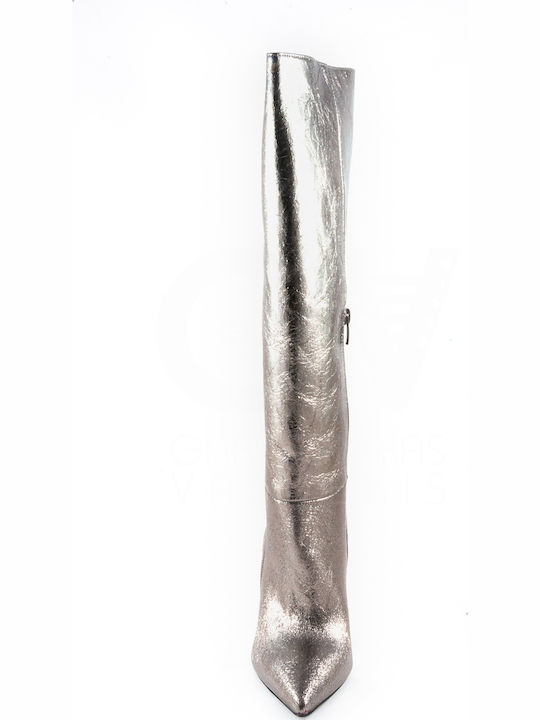 Leather High Heel Women's Boots with Zipper Silver
