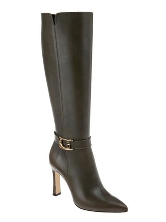 Leather High Heel Women's Boots with Zipper Oil Green