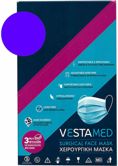 Vestamed Χειρουργική Μάσκα 3 Στρωμάτων Type II EN 14683:2019 BFE >98% Μάσκα Προστασίας Μιας Χρήσης Χειρουργική Τύπου II Μωβ MSK-0013 50τμχ