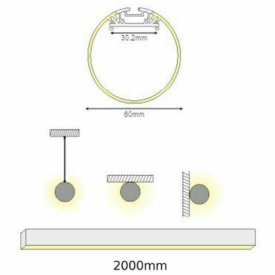Aca Velor Mini Окачен Алуминиев Профил за LED Лента с Опал Покритие 200x6x6см.