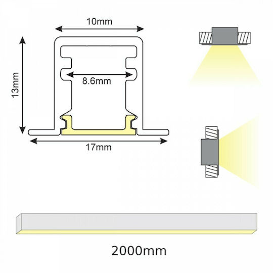 Aca Walled Aluminum Profile for LED Strip with Opal Cover 200x1.7x1.3cm
