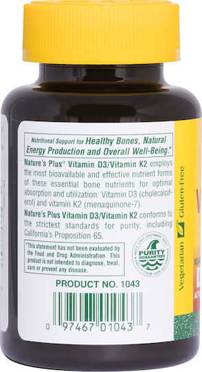 Nature's Plus Vit D3/ Vit K2 Vitamin for Immune System Boost & Bone Health 1000iu 90 veg. caps