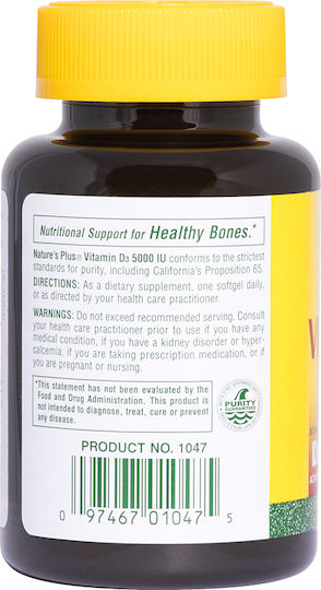 Nature's Plus Vitamin D3 for Immune Support & Bone Health 5000iu 60 Softgels