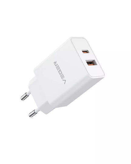 Veger Charger Without Cable with USB-A Port and USB-C Port 30W Power Delivery Quick Charge 3.0 SuperCharge White (VLS302U)