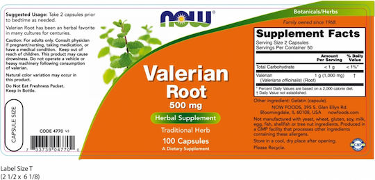 Now Foods Valerian Root 500mg 100 κάψουλες