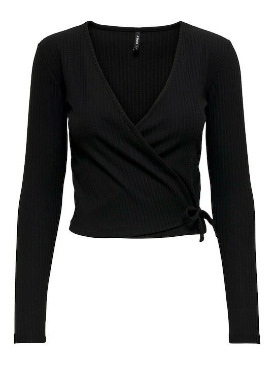 Emma Damen Crop Top Langarm mit V-Ausschnitt Schwarz