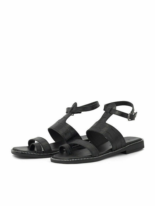 Commanchero Original Leather Women's Flat Sandals with Strap in Black Color