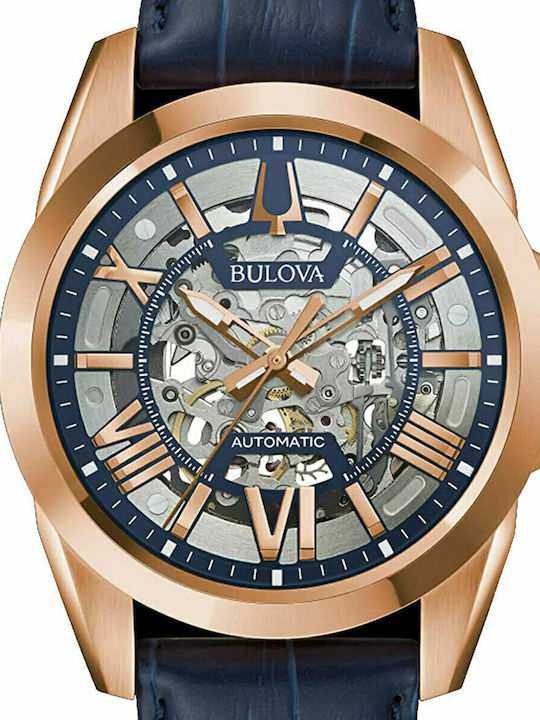 Bulova Sutton Ανδρικό Ρολόι 43mm Αυτόματο με Μπλε Δερμάτινο Λουράκι