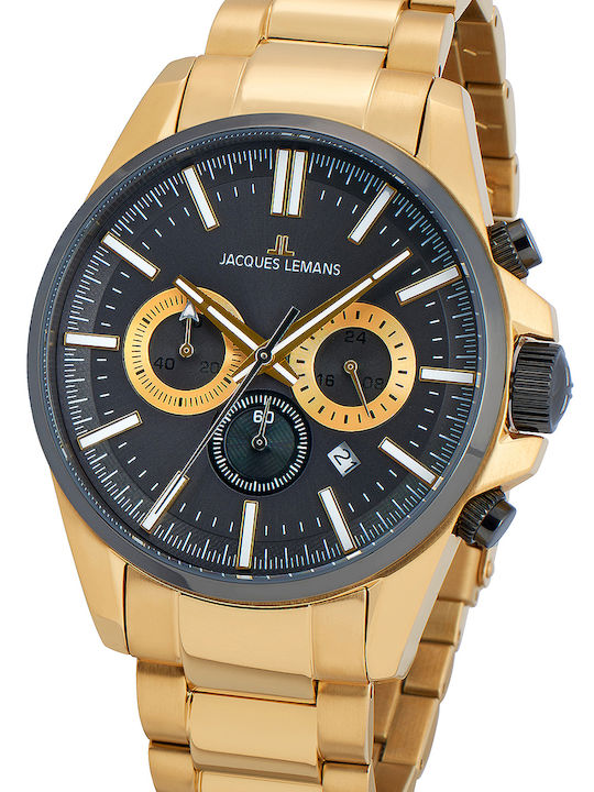 Jacques Lemans Liverpool Ανδρικό Ρολόι 44mm Χρονογράφος Μπαταρίας με Χρυσό Μεταλλικό Μπρασελέ