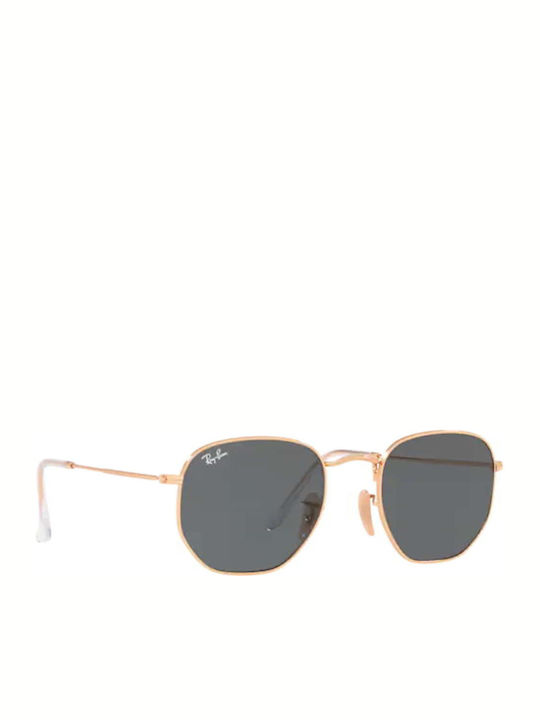 Ray Ban Hexagonal Unisex Sunglasses with Gold Metal Frame and Blue Lens RB3548N 001/R5