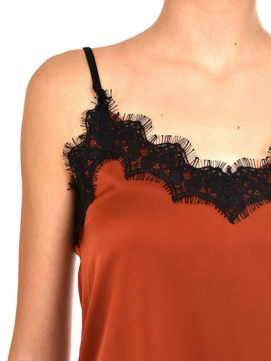 Γυναικείο Σατέν Lingerie Top με Δαντέλα Καφέ
