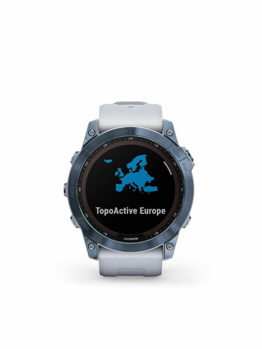 Garmin Fenix 7X Sapphire Solar Titanium 51mm Αδιάβροχο Smartwatch με Παλμογράφο (Mineral Blue DLC Titanium with Whitestone Band)