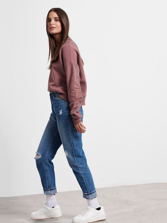 Hoch tailliert Damenjeans mit Rissen in Mom-Passform