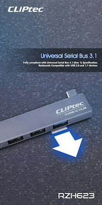 Cliptec RZH623 USB 3.1 Hub 3 Anschlüsse mit USB-C Verbindung Gray