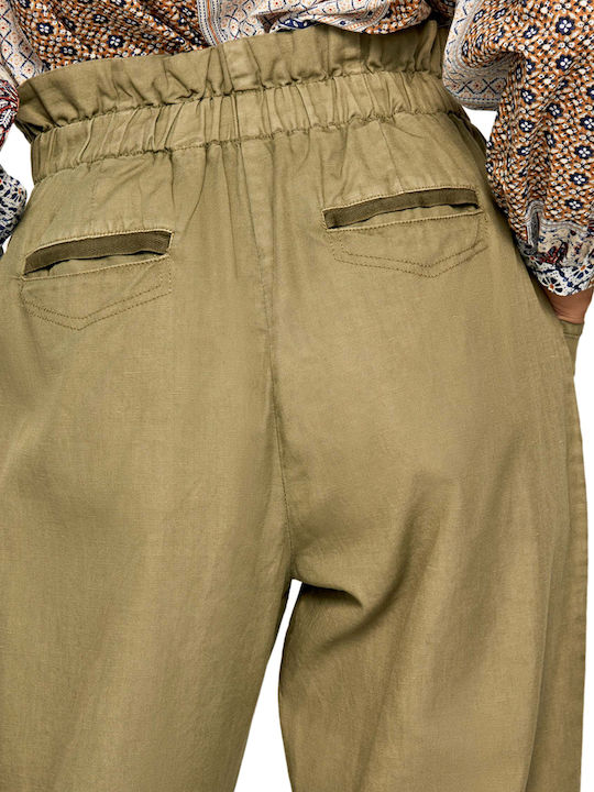 Lia Women's High-waisted Fabric Capri Trousers with Elastic Regular Fit Khaki