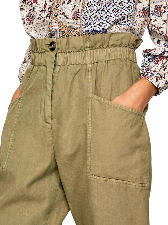 Lia Women's High-waisted Fabric Capri Trousers with Elastic Regular Fit Khaki