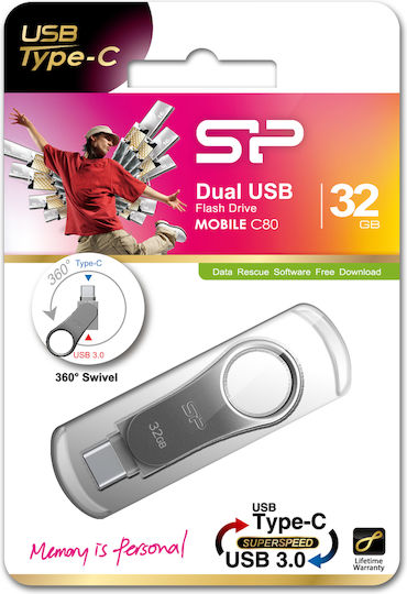 Silicon Power Mobile C80 32GB USB 3.0 Стик с връзка USB-C Сребрист