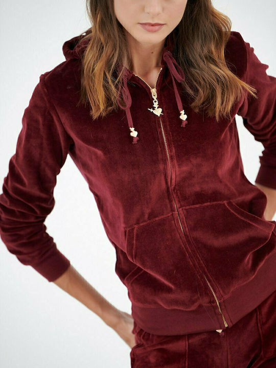 Women's Sweatshirt Jacket Velvet Hooded Burgundy