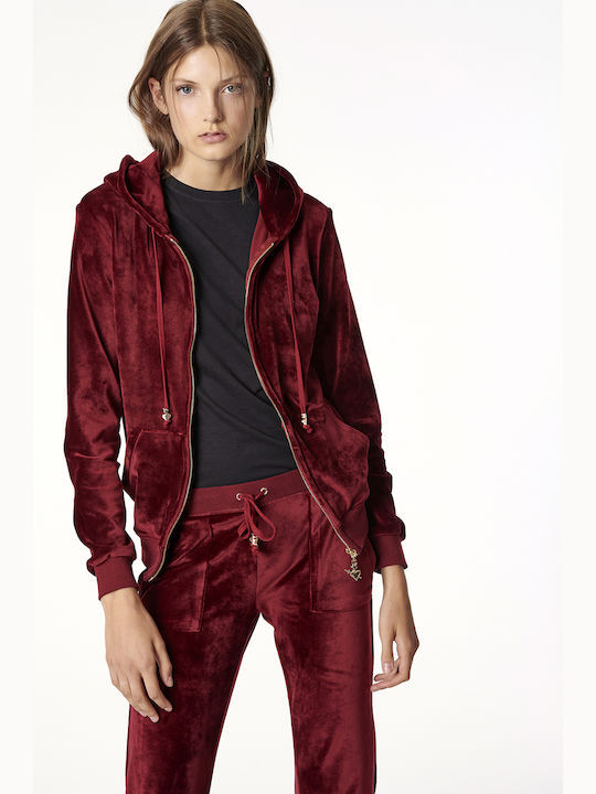 Women's Sweatshirt Jacket Velvet Hooded Burgundy