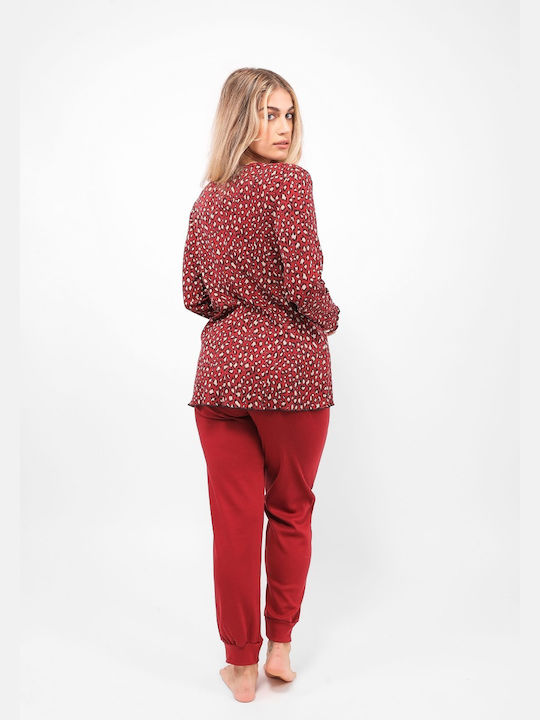 Cherry Underwear Χειμερινό Γυναικείο Σετ Πιτζάμας Βαμβακερό Red Leopard 10118A